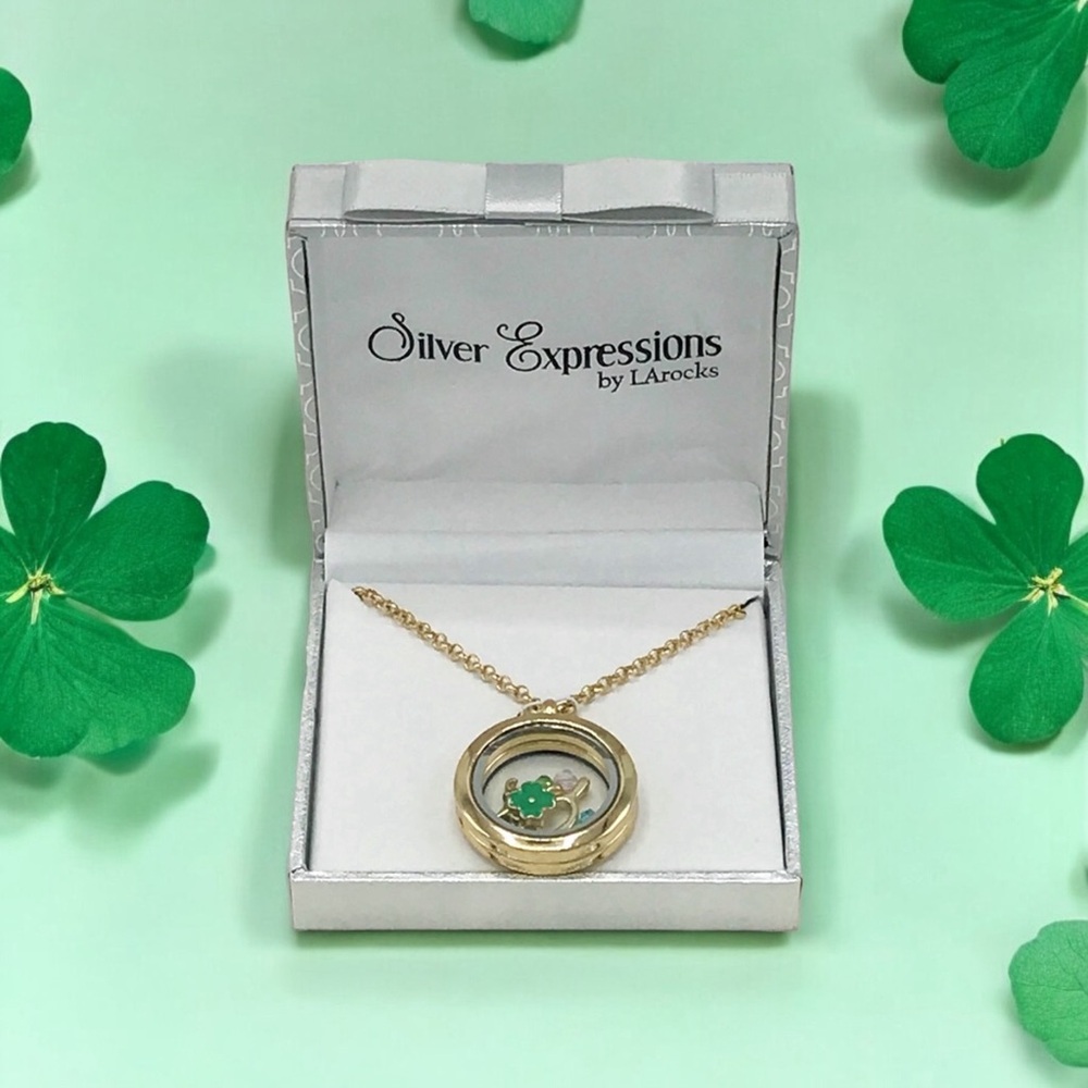 Shamrock Charms Floating Locket Gold Green